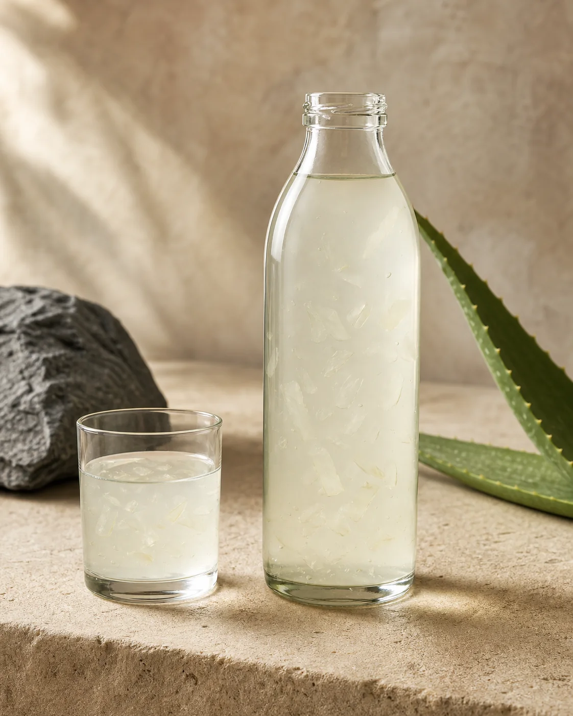 Unbranded clear aloe drink bottle and glass