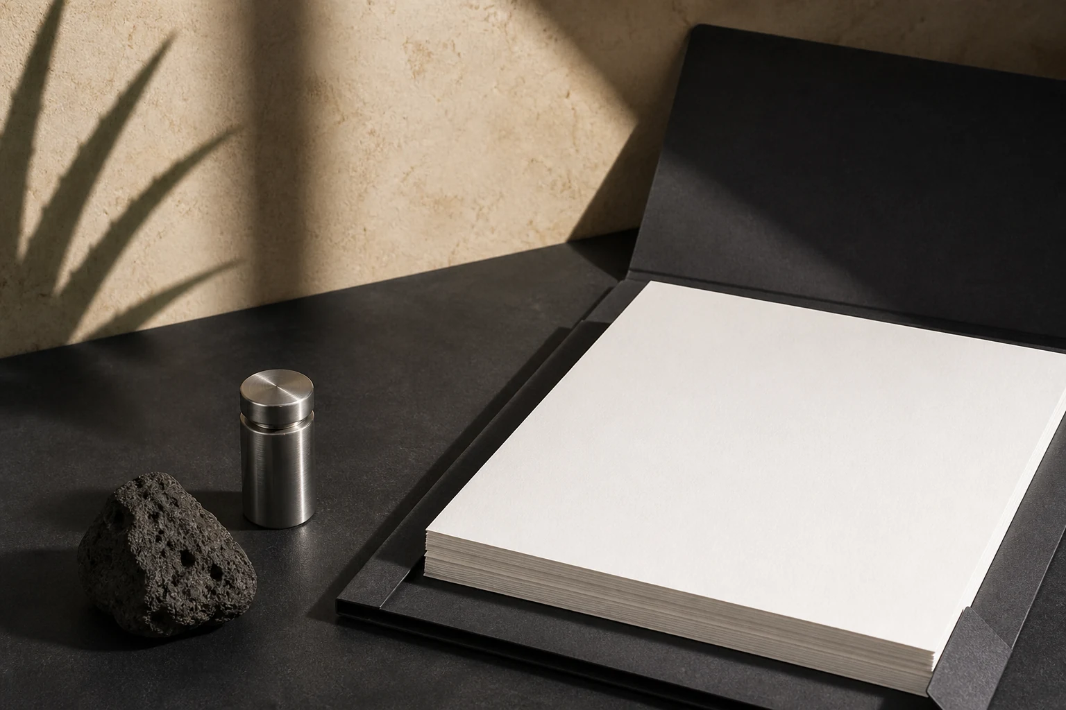 Unbeschriftete technische Unterlagen mit Aloe-Schatten, Basalt und Metall