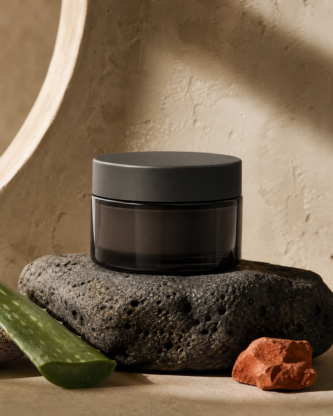Unbranded cosmetic cream jar in a botanical still life