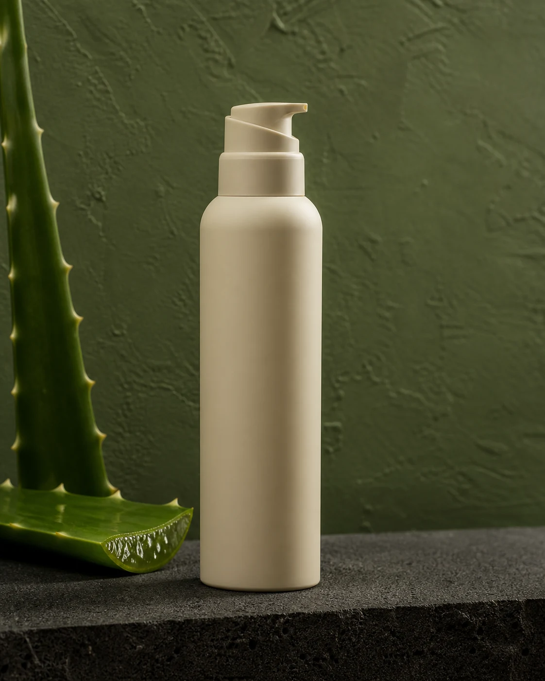 Unbranded aloe gel dispenser against a mineral backdrop