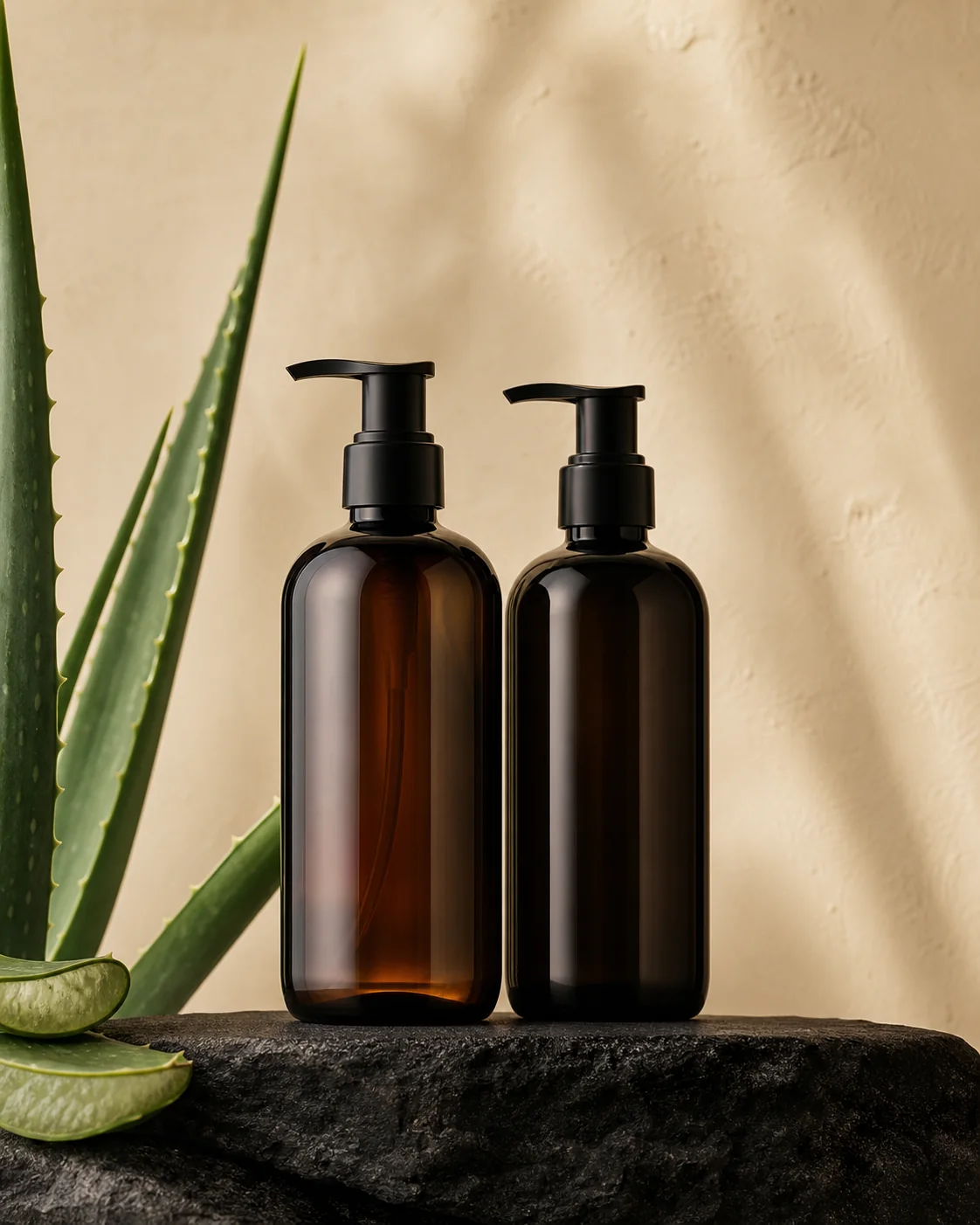 Two unbranded amber haircare bottles beside fresh aloe