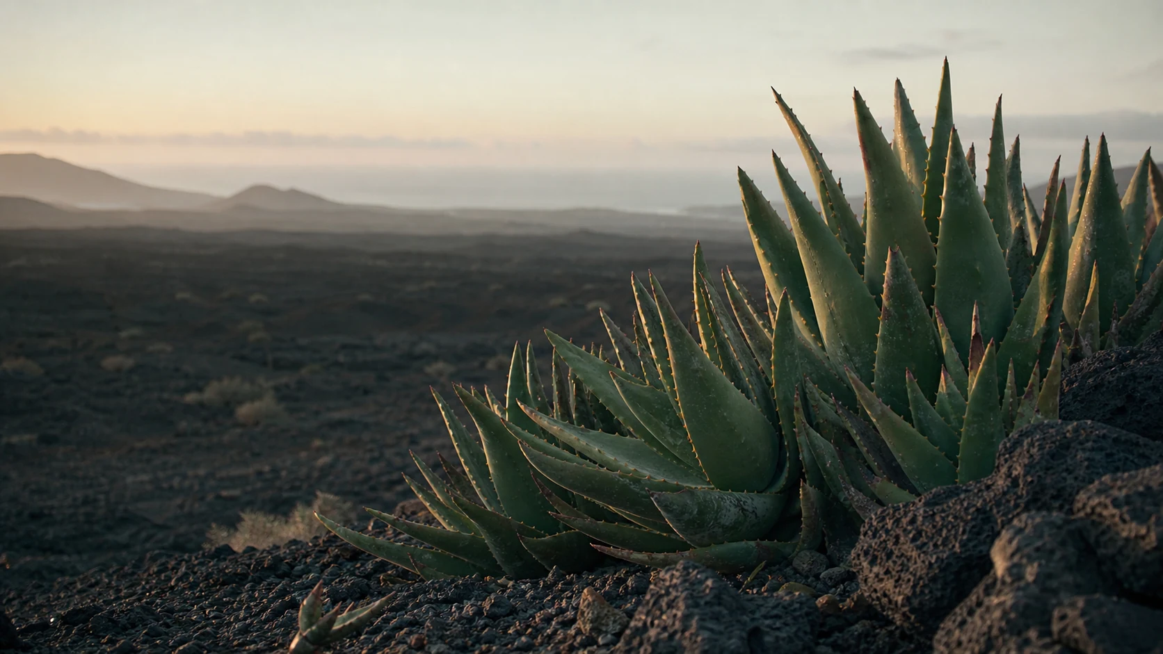 Filas de plantas de aloe que crecen en suelo volcánico oscuro al amanecer