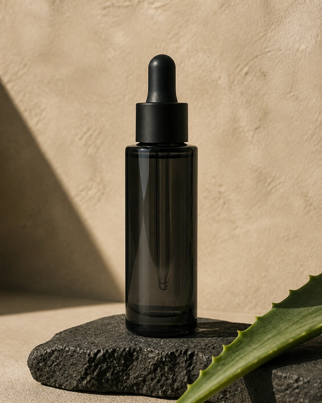 Unbranded smoked-glass serum bottle on a basalt plinth