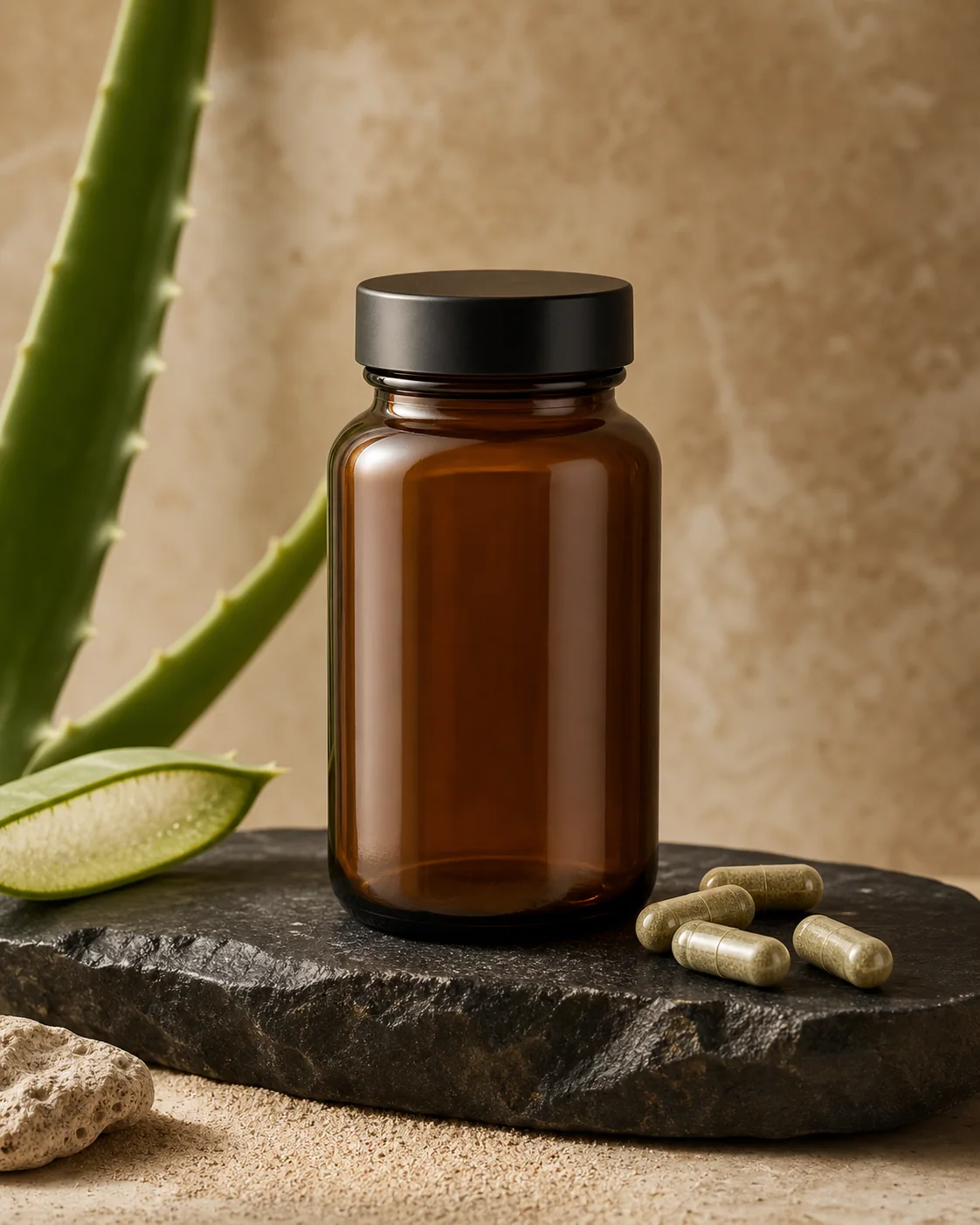 Unbranded amber supplement jar with neutral capsules and aloe