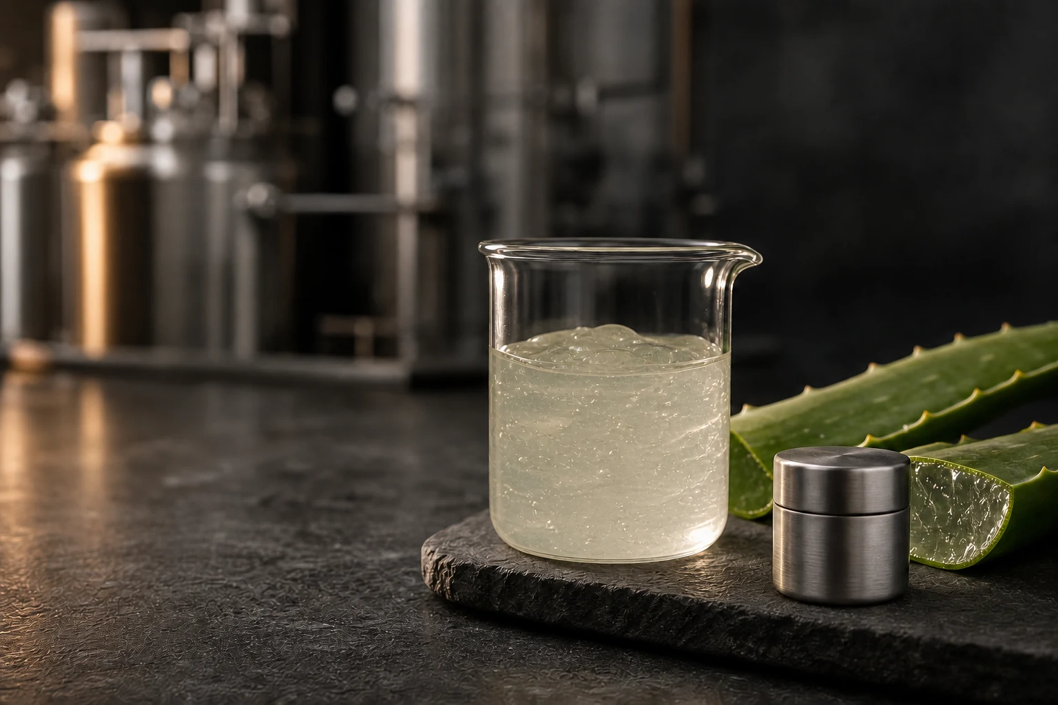 Clear aloe gel beside laboratory glassware and brushed steel